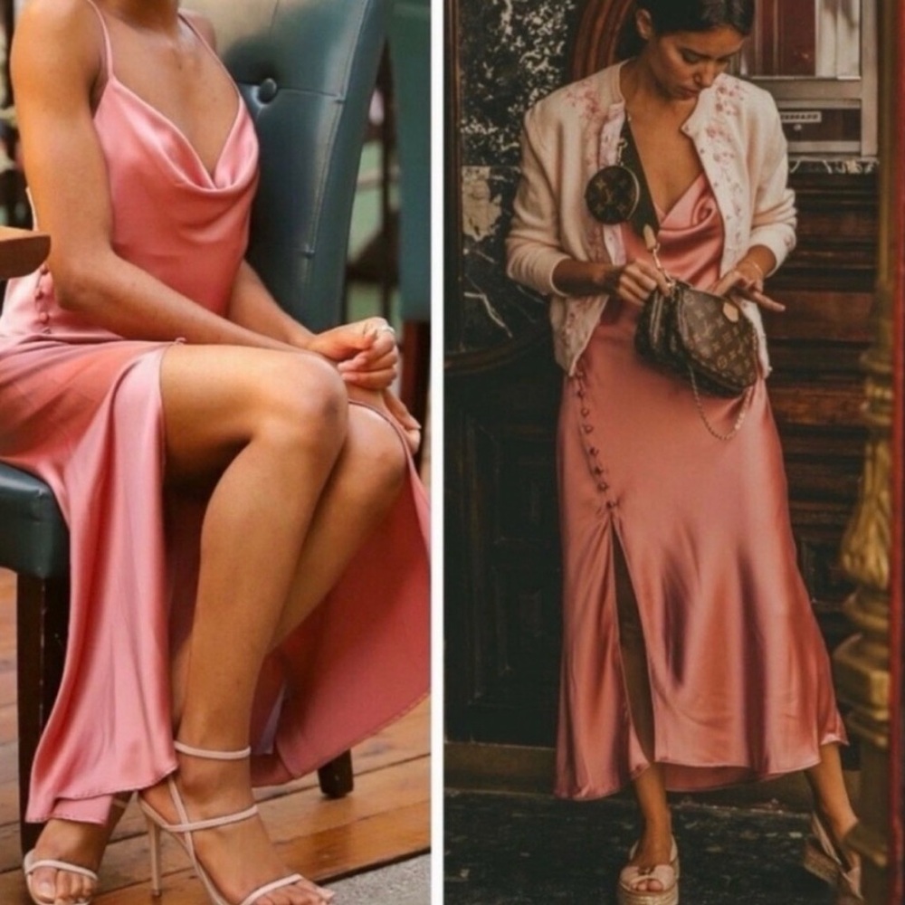 ZARA LIKE NEW Satin Button Cowl neck Midi Dress - Picture 3 of 8